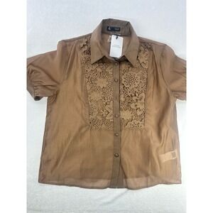 Anewsta Women's Sheer‎  Brown  Blouse Featuring An Elegant  Floral Size M